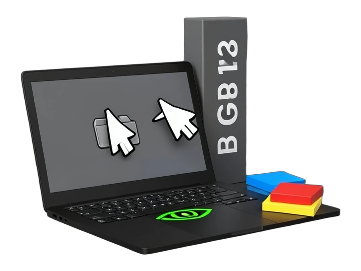 A solid laptop slab lies open, its keyboard deck bearing Nvidia's green eye-shaped mark, while a thick memory bar labeled 128 GB rises behind it. On the screen two chunky cursor ar