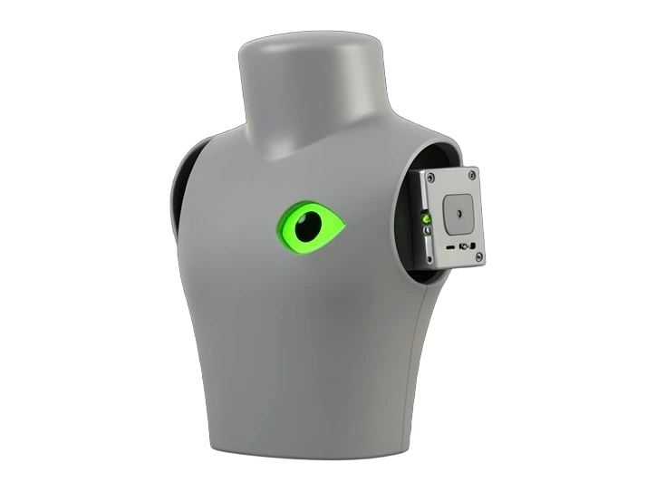 A humanoid robot torso block in solid matte plating with the green Nvidia eye mark clearly on its chest, and a smaller sensor module cube visibly embedded inside its open side pane