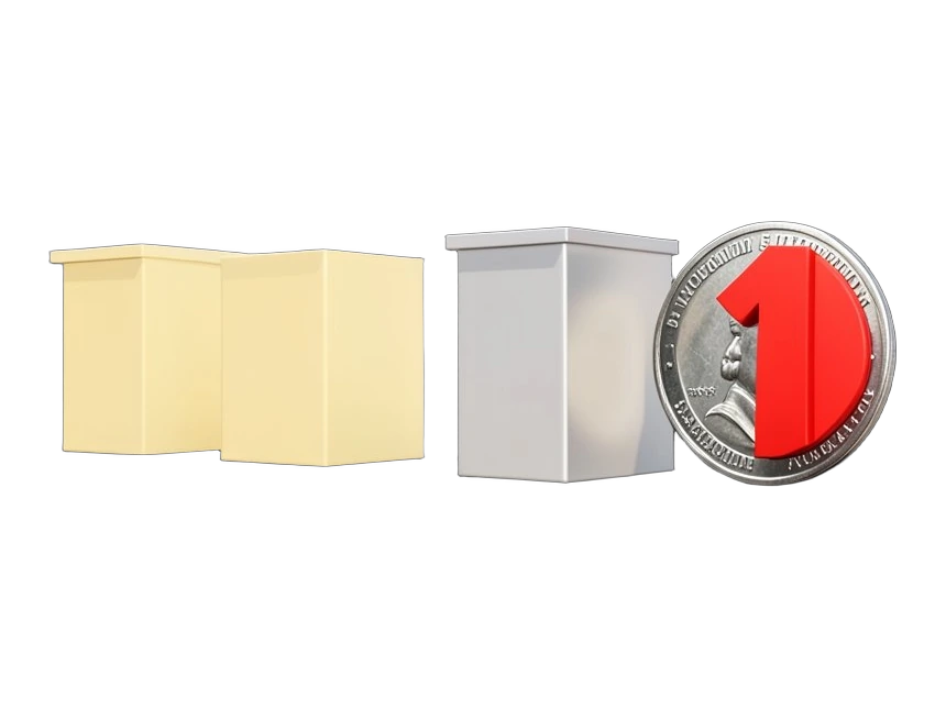 A row of solid speaker podium blocks on a stage strip with a large opaque number-one badge holding a hundred-thousand-dollar coin shape beside them, one podium carrying a TechCrunc