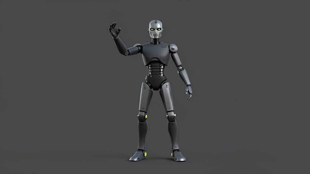 A jointed humanoid robot standing on one leg with small reflective marker spheres fixed to its arms and legs, one arm raised mid-gesture.