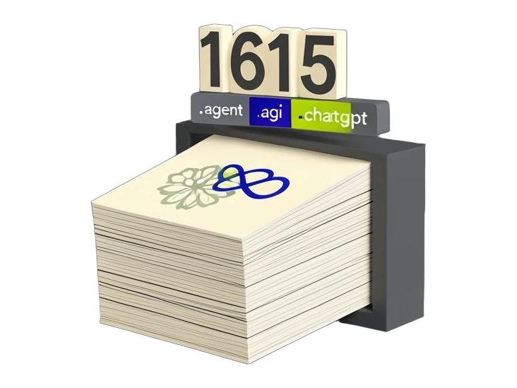 A tall stack of solid rectangular application forms filling a submission slot, a large number block reading 1615, and small domain suffix tiles like .agent, .agi and .chatgpt attac