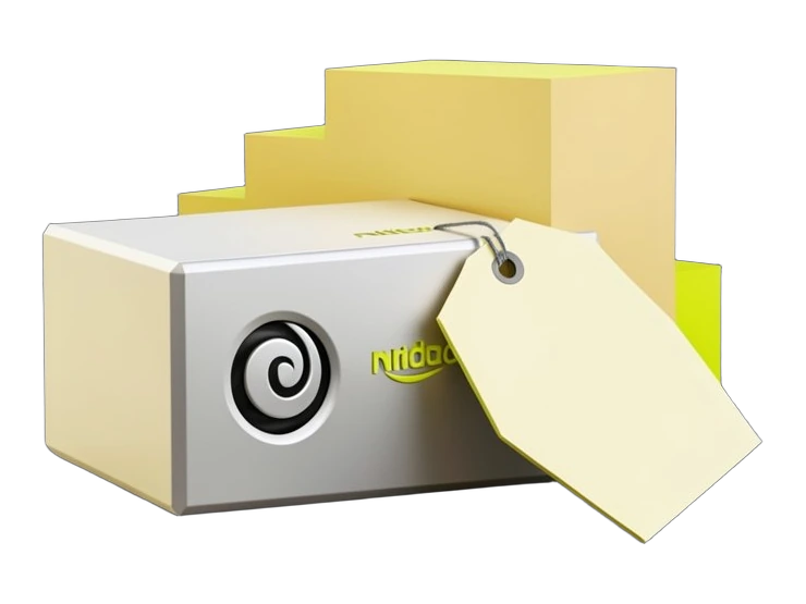 A solid set-top media box with thick chamfered edges bears the Nvidia spiral eye mark on its front face, and a bold price-tag slab with a hole punched at one end hangs tilted again