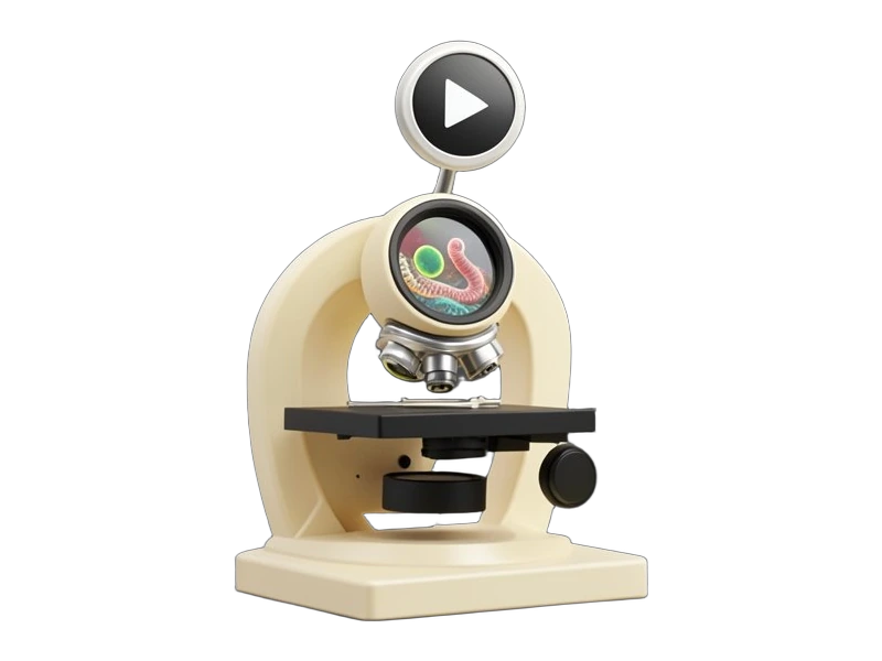 A microscope with a video play button above it, showing a roundworm and single-celled Dileptus organism. A small AI watermarked stamp is crossed out beside it, while a winner's rib