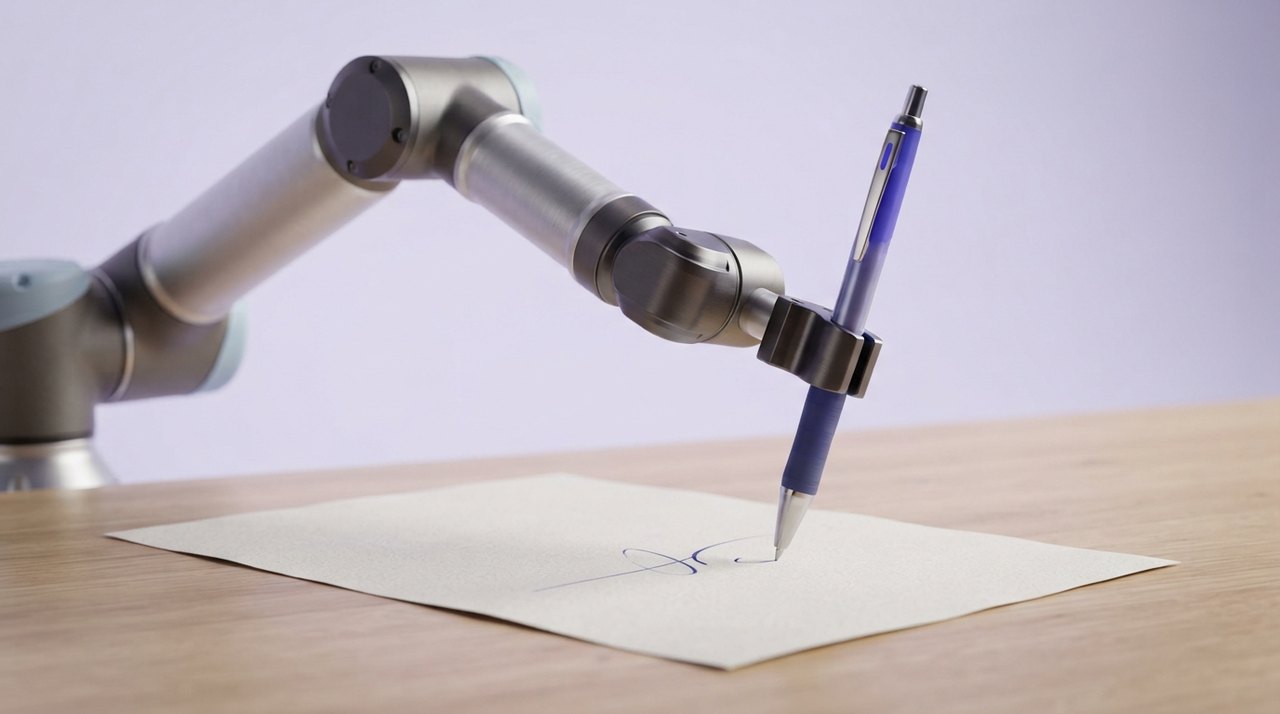 En robotarm der holder en kuglepen og skriver på et stykke papir.