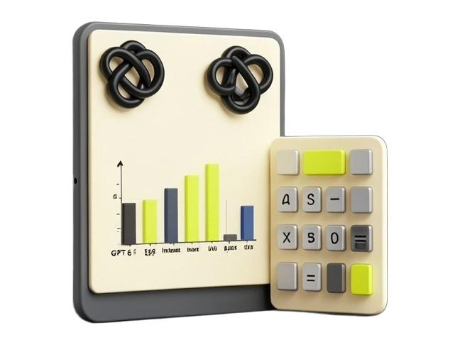 A solid tablet panel with OpenAI's black interwoven six-loop Blossom symbol at the top corner, showing an interactive bar chart and a thick calculator keypad with solid square butt