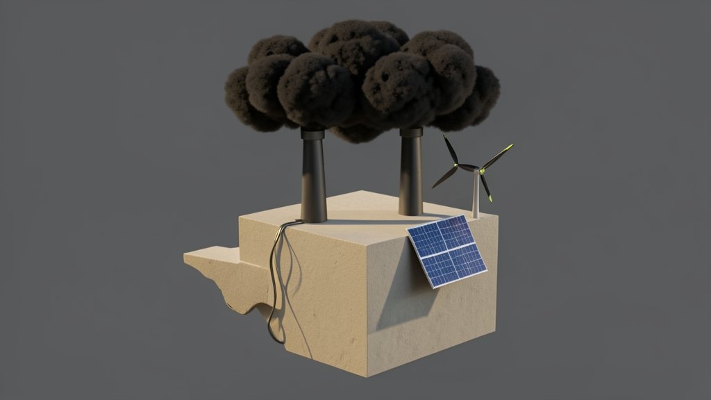 A solid Texas-shaped data center block with three gas-turbine exhaust stacks and an electrical cable feeding it; dense black soot discs form a heavy triple layer above the roof, wh