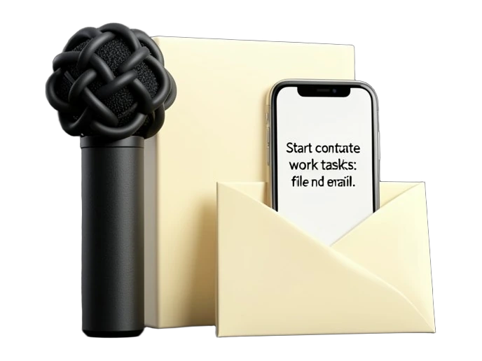 A solid upright microphone carries OpenAI's black interwoven six-loop Blossom symbol on its head; beside it a solid document block and a solid envelope block stand side by side, sh
