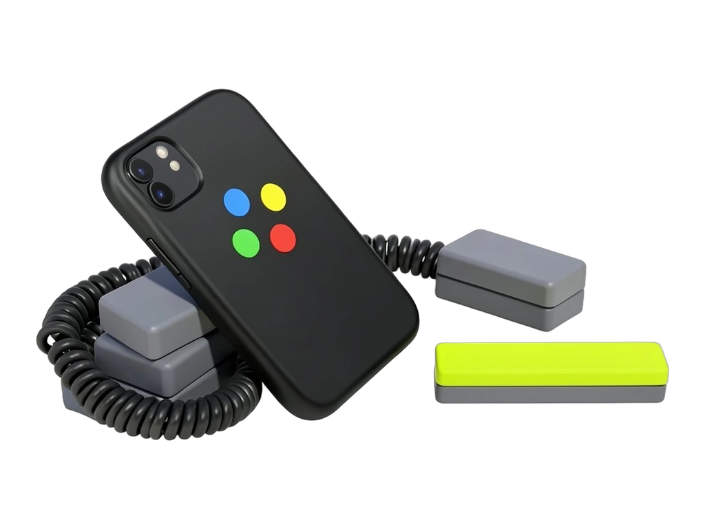 A solid smartphone body with Google's four-colour Gemini spark mark on its back, tilted mid-call, its thick coiled cord looping into a stack of chunky push-button pads representing