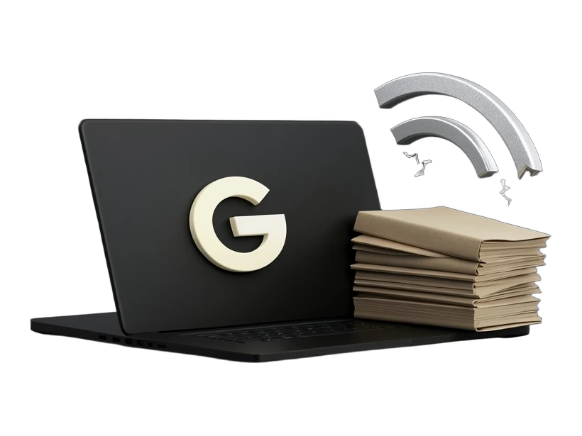 The Google four-colour G on a solid laptop shape, with a broken Wi-Fi arc cut off beside it and a local document stack feeding into the laptop, plain background.