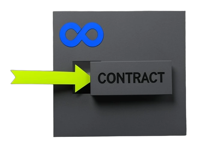 Meta's blue infinity-loop mark is pressed into a thick opaque contract sheet; a rectangular word-block is lifted out, leaving a clean slot, while a broad arrow continues through th