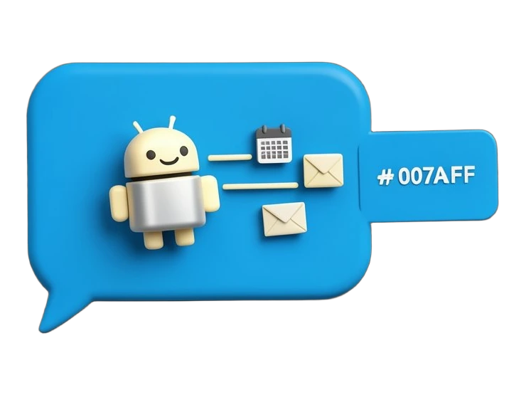 A thick rounded-rectangle SMS message bubble in bright blue with a small app-less plain-text tag, and a compact friendly robot-agent shape shaped like a stacked block sitting insid