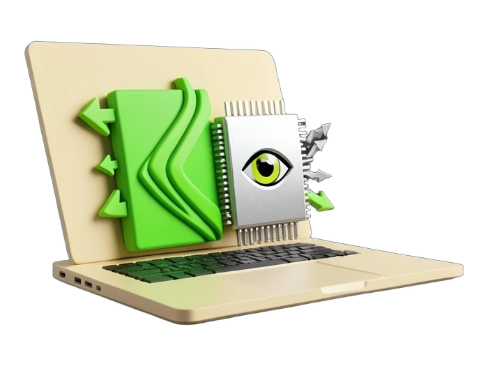 A solid laptop chassis opens to reveal an Nvidia RTX Spark chip with the Nvidia eye logo, split visually into a fast green GPU half rendering smooth frame arrows and a slower CPU h