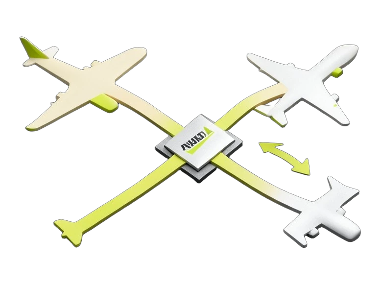 Two solid airliner silhouettes fly along thick crossing route lines that meet at one highlighted intersection, ringed by a heavy diamond marker. A third aircraft on a parallel lane