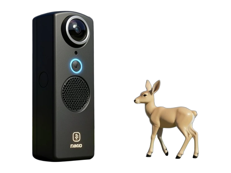 A solid outdoor security device shaped like a tall rectangular post with a camera lens dome on top and a speaker grille below, emitting visible curved solid sound wave shapes direc