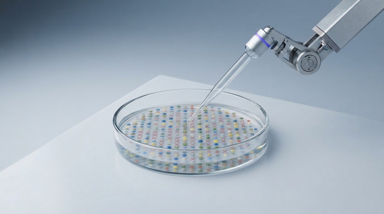 En petriskål med hundredvis af farvede mikropletter, hvor halvdelen er overstreget med rødt kryds, og en robotarm holder en tom pipette over dem.