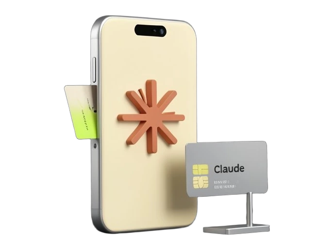 A solid smartphone stands upright with Claude's warm terracotta many-rayed asterisk on its back; a crisp morning brief card slides from a side slot, while a solid payment card stop