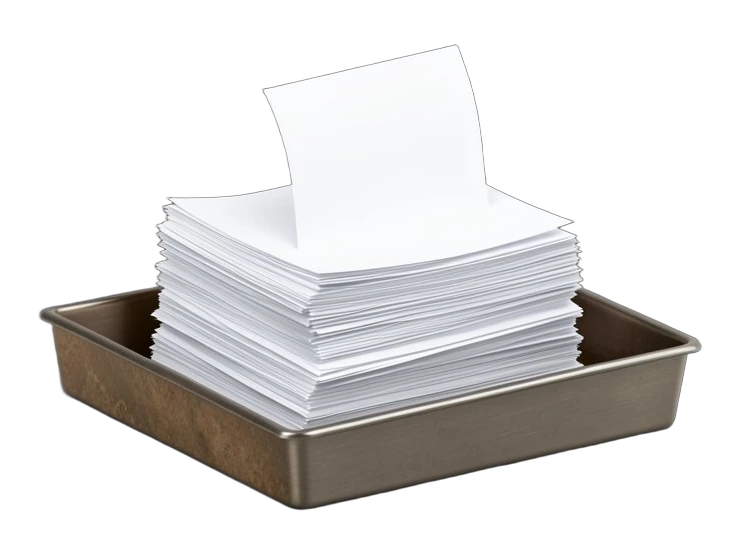 A metal document tray overflowing with a tall stack of blank paper forms, as one more blank form slides in from a slot above.