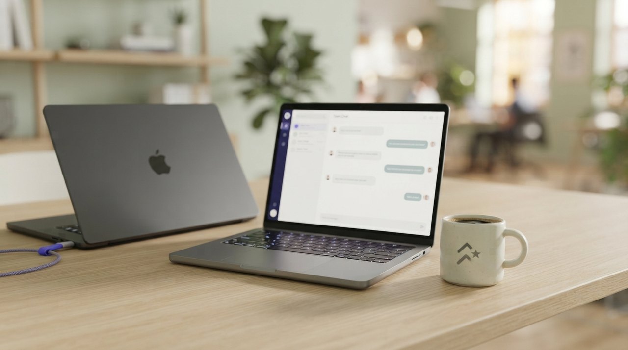 Et lille kaffekrus med et start-up logo ved siden af en bærbar computer med åben chat.