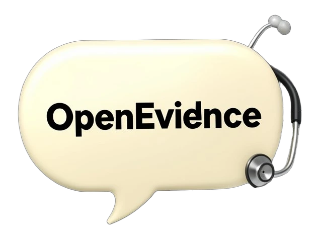 A thick opaque chat bubble bearing the bold black OpenEvidence wordmark is joined by a short solid connector to a stack of medical journal pages. A stethoscope curls around the bub
