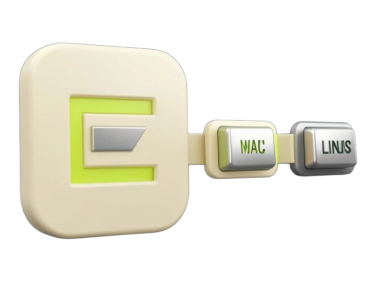 A bold Epic Games Launcher icon shape on an opaque rounded square, with the Epic 'E' lettermark front-facing and filling a quarter of the scene; three solid keyboard keycaps labell