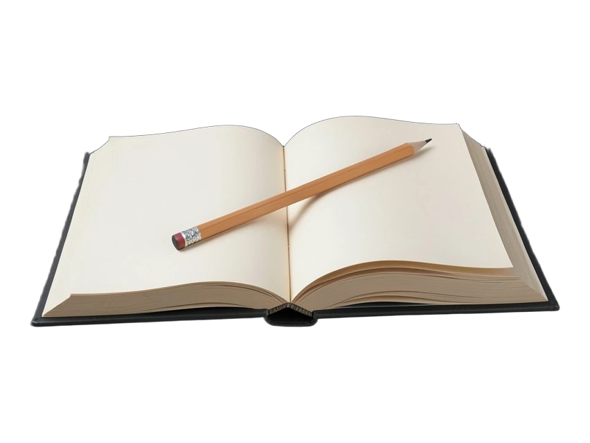 An open blank book with a wooden pencil resting across its pages, and a folded plain newspaper lying beside it.