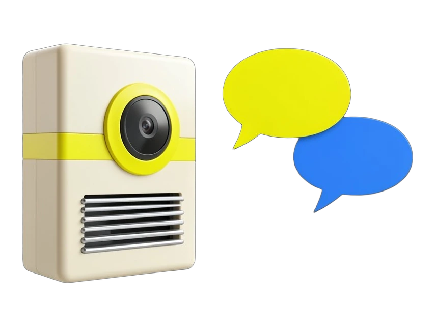 A chunky rectangular video doorbell panel with a round camera lens and a solid yellow ring band across its face, above a thick microphone grille of horizontal bars; beside it two s