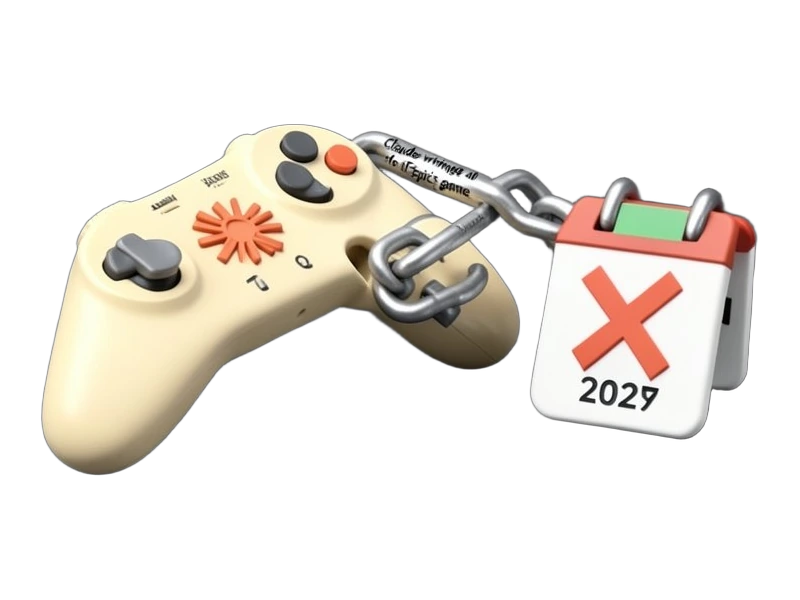A game controller and a code block connected by a thick chain link, with Claude's terracotta-orange many-rayed starburst emblem on the main code block. The chain link shows Claude 