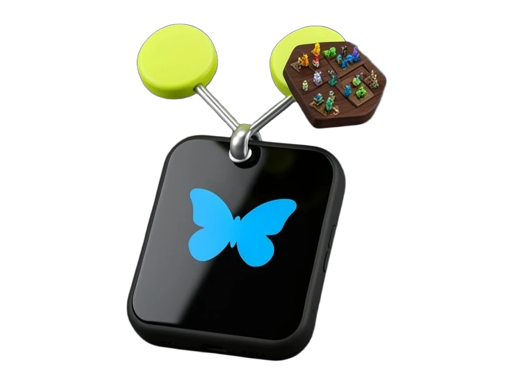 A solid smartphone-shaped block with the Bluesky butterfly symbol on its front, sprouting three linked node shapes representing profiles feeding into a small game-board emblem, sho