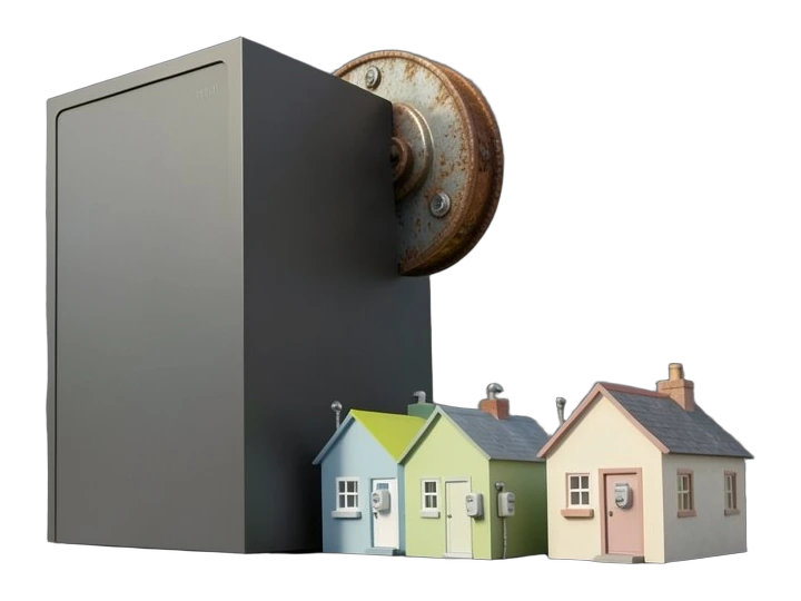 A tall solid datacenter block lifts a heavy electric-meter disc and a thick water-pipe flange onto its own shoulders, while a short row of small houses with their own meters stays 