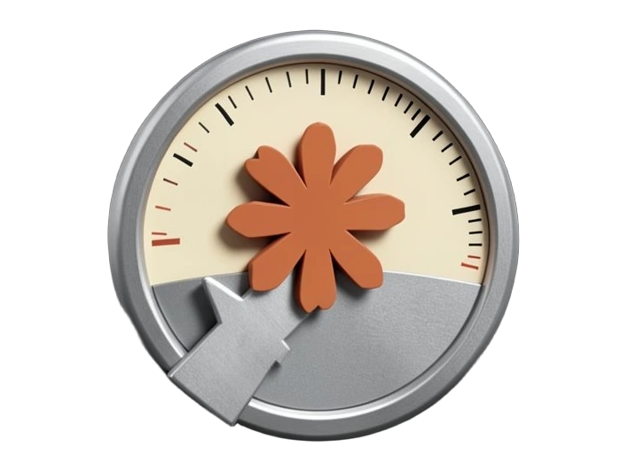Anthropic's warm terracotta-orange many-rayed asterisk emblem, front-facing and large, fixed at the centre of a solid circular speed gauge. A thick metal limiter block clamps over