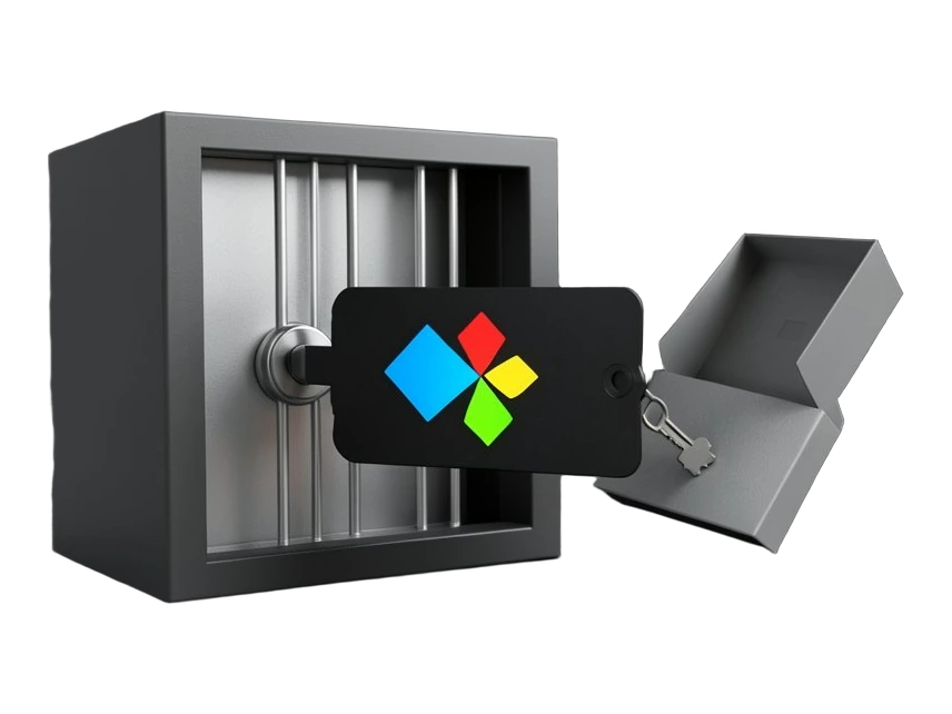 The four-point Gemini spark in Google's blue, red, yellow and green gradient, large on the face of a solid opaque black keycard. The keycard slides into the reader of a barred serv