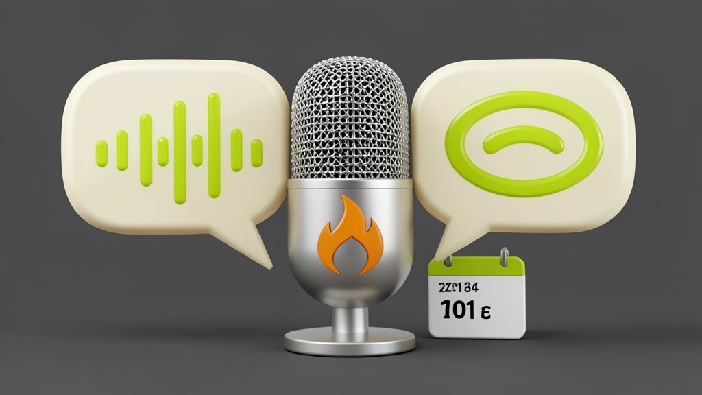 A solid microphone in Mistral's orange flame emblem sits between two thick speech bubbles, one holding incoming sound wave bars and one holding an outgoing wave, with a small calen