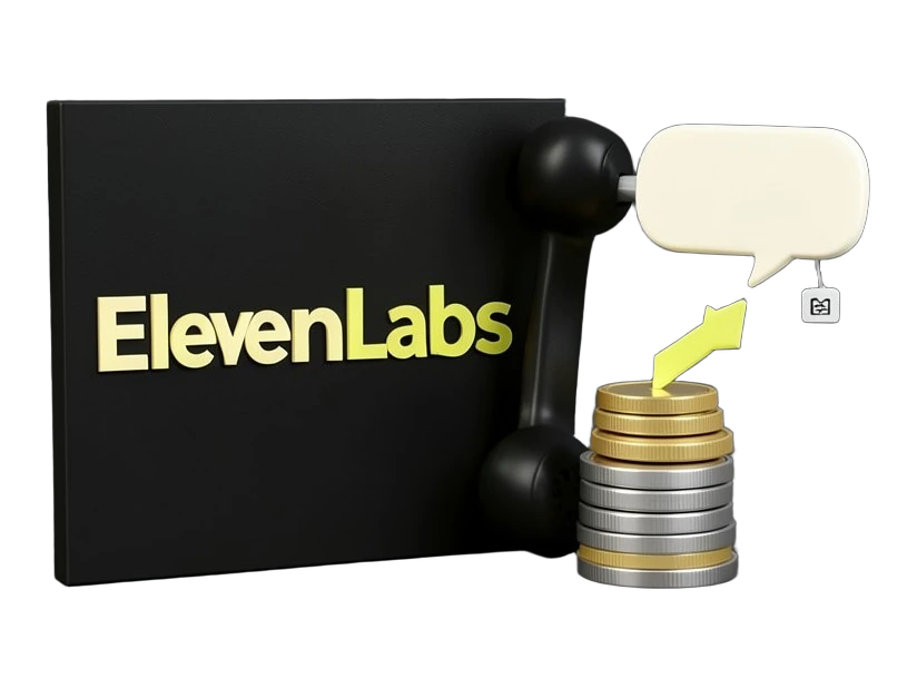 A thick black ElevenLabs wordmark panel standing beside a solid telephone handset whose mouthpiece splits into two chunky speech bubbles, one plain and one carrying a small square 