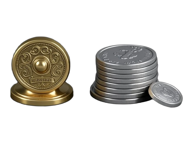 A brass official seal stamp beside a neat stack of identical flat metal tokens, with half of the stack set apart as a smaller pile.