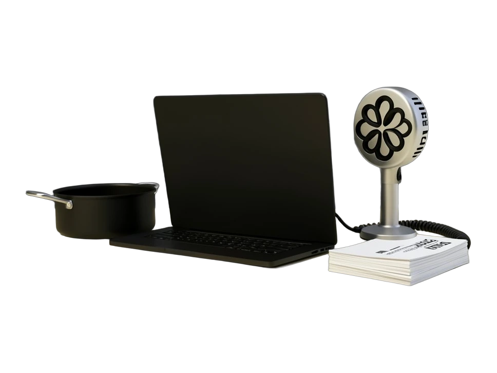 A solid laptop beside a chunky microphone icon with OpenAI's black interwoven six-loop Blossom symbol on its head, connected by a thick cable to a stack of solid newsletter cards, 