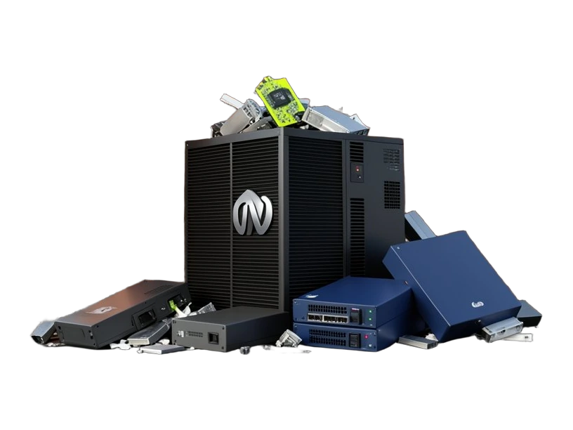 An open forty-foot shipping container overflows with discarded data-centre hardware: one huge cooling unit, a heavy power supply, a thick network switch, and a tiny GPU card restin
