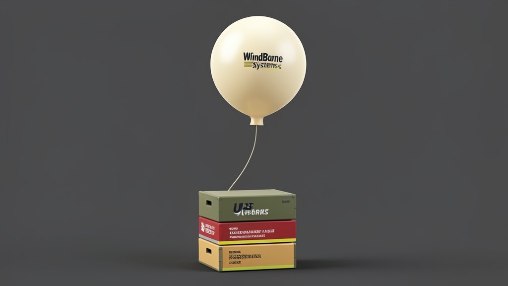 A round weather balloon marked with a small WindBorne Systems emblem floats upward, tethered by a taut line to a solid military-order block below that splits into three stacked del