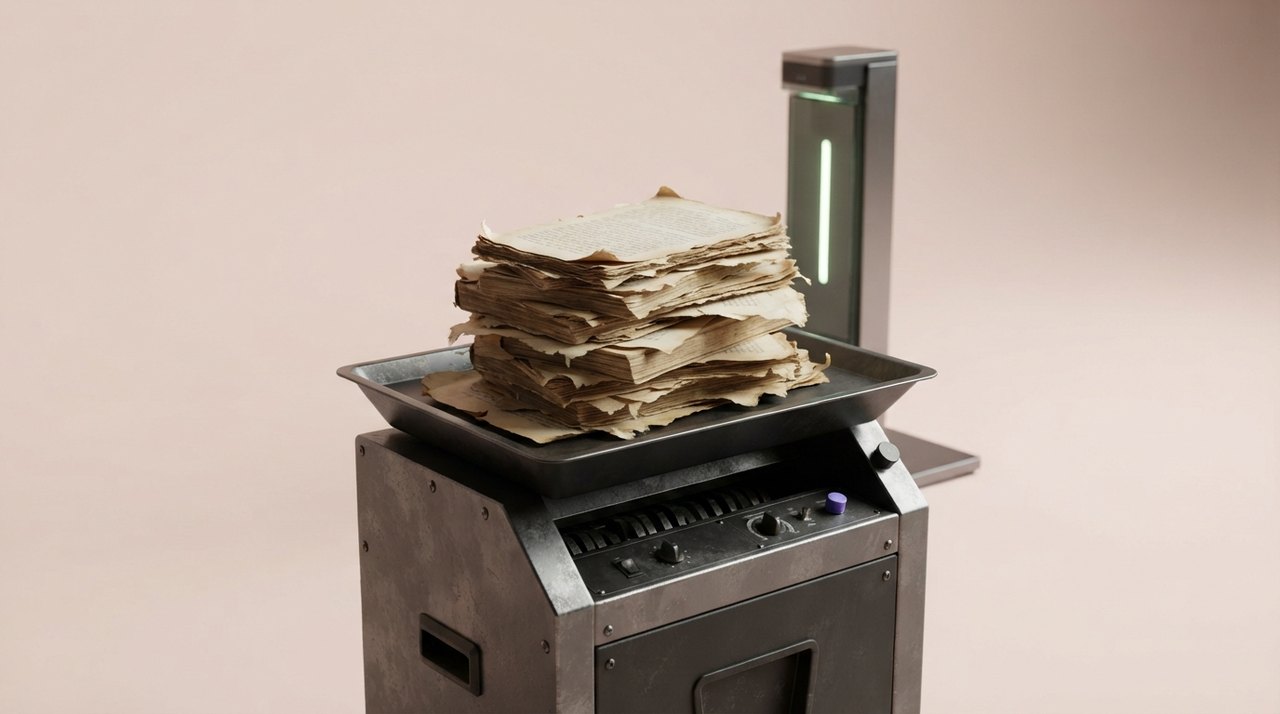En bunke sønderrevne pergamentsider med guldkanter, der ligger oven på en stak af revne læderrygge og bogbind.