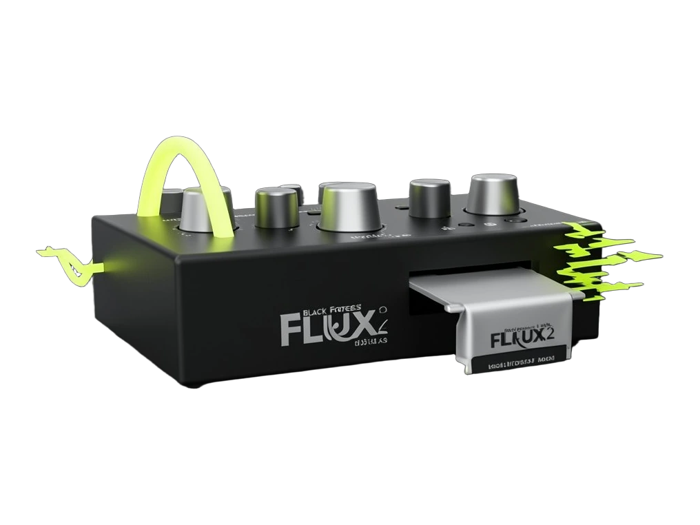 A compact sampler groovebox sits front-on as a solid rectangular unit with thick knobs, a smooth rounded sine wave entering one side and emerging as jagged, skewed glitch tones, wh