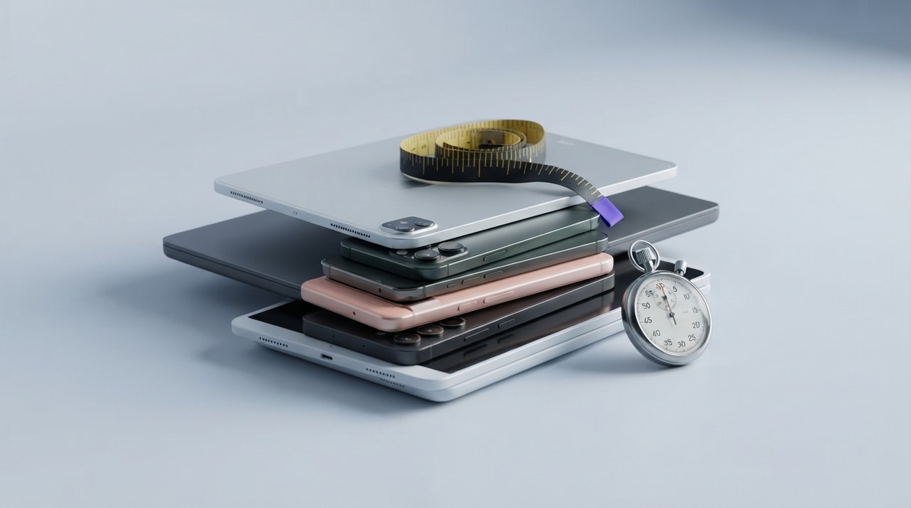 En stabel af forskellige smartphones og tablets med et målebånd lagt hen over dem og et stopur ved siden af.
