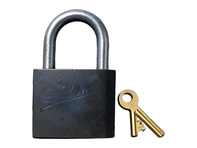 A heavy solid padlock with its shackle open, with a small brass key lying beside it