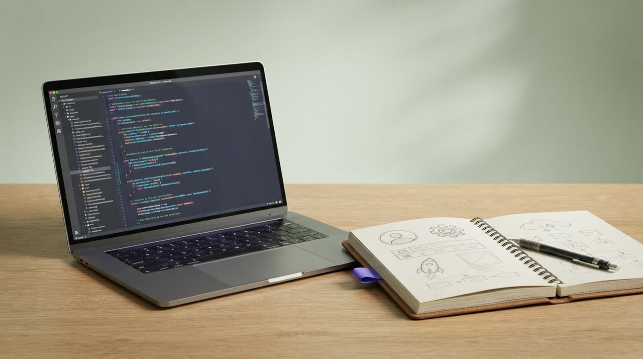 En åben bærbar computer på et træbord viser rækker af farverig programkode ved siden af en skitseblok med håndtegnede ikoner.