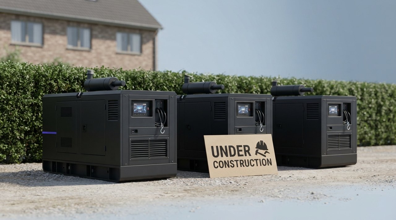 En række sorte dieselgeneratorer på en byggeplads med et 'Under Construction'-skilt foran, mens en hæk eller et hegn skiller dem fra et parcelhus i baggrunden.