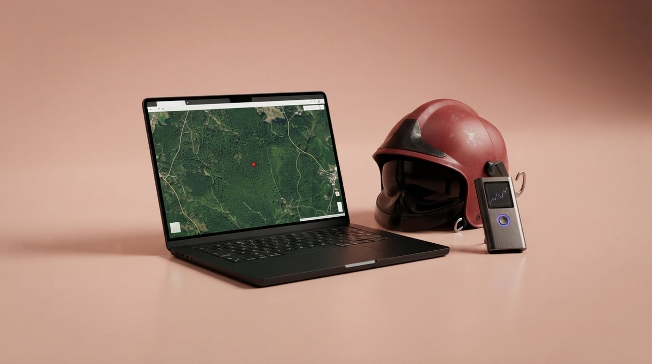 En åben sort laptop med et satellitbillede af en lille rød prik i grøn skov, en brandmandshjelm og en CO2-regnemaskine ved siden af.