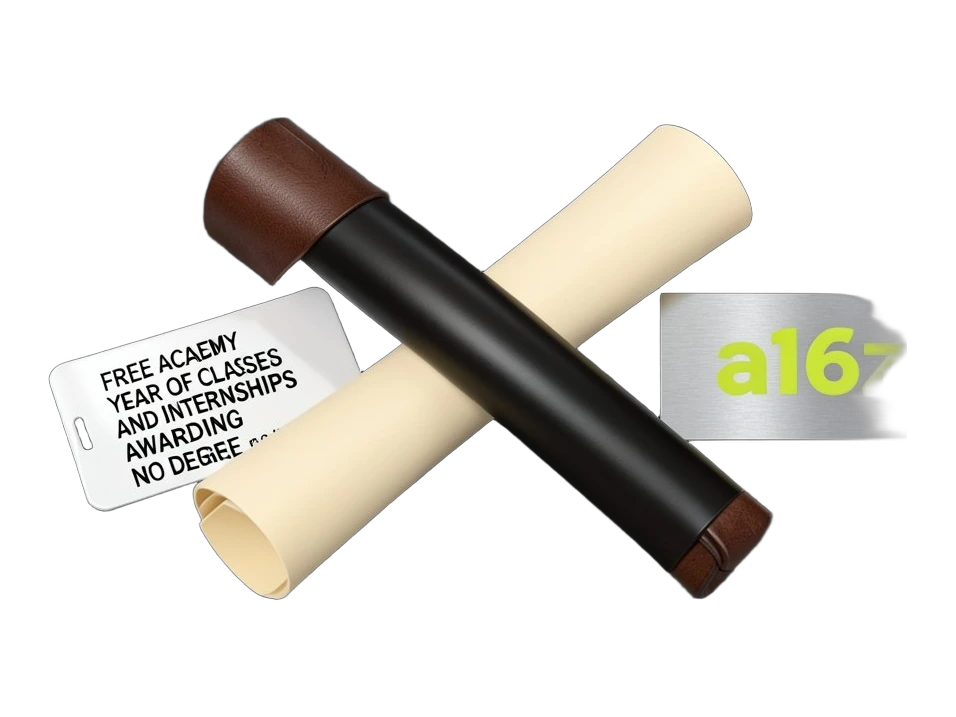 A rolled diploma scroll bound by a solid band is crossed by a thick diagonal bar, a solid rectangular plaque beside it shows the lowercase a16z wordmark, and a solid intern pass ca
