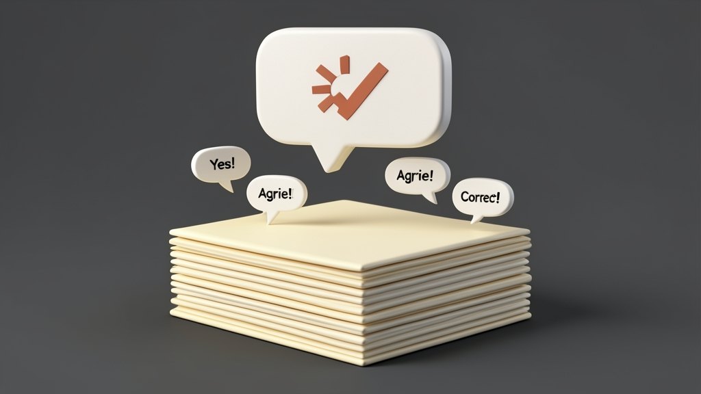 A stack of thick report pages with a chatbot speech bubble containing a checkmark floating above it, while five small identical speech bubbles below show sycophantic agreement mark