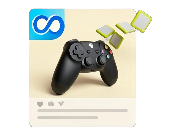 A solid social feed card with Meta's blue infinity-loop mark at its top corner, and a chunky game controller with a plus-shaped directional pad rising out of the card's play area, 