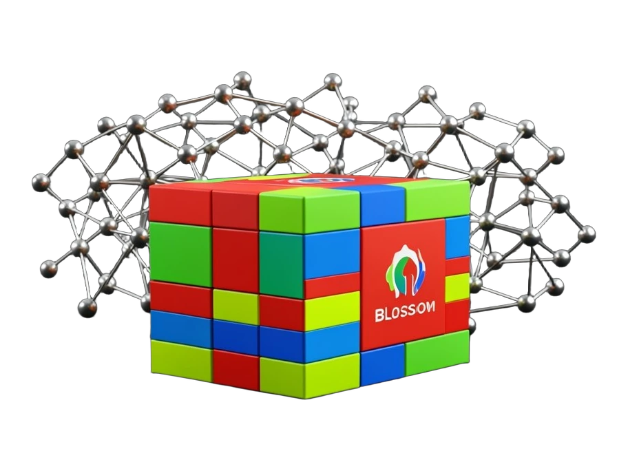 A stack of solid cubic tensors forming a 3D grid of pixel data blocks in red, green and blue layers, expanding into a neural network of connected nodes behind it, with the OpenAI B
