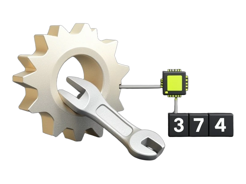 A solid industrial gear with a wrench in front, a small AI chip linked by a thick line, and a short row of three calendar blocks replacing a long row of nine. The gear is the main 