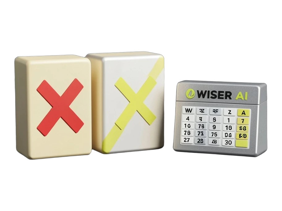 Three thick request slabs stand in a row: two carry a bold red rejection cross and only one an approval mark, showing that most Medicare prior-authorization requests handled by the